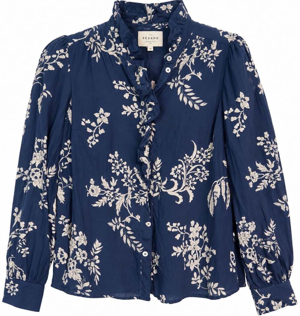 Sézane Annabelle Blouse Size 36 Blue Floral Ruffle